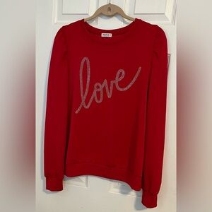 Why Dress vibrant red comfy sweatshirt embellished with love in rhinestones